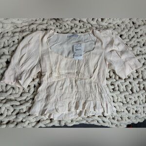 New! Sophie rue To Neck Short Puff Sleeves Ruche Ivory Ecru Top Size M